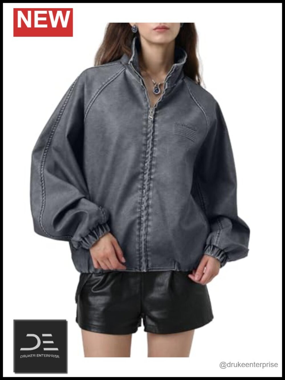 Faux Leather Bomber Jacket Women Oversized Zip Up Streetwear Fall Coat